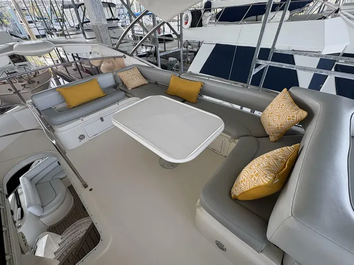 Prelude Yacht Photos Pics Luxurious seating area on 2004 Sunseeker Manhattan 56 yacht with stylish cushions and table.