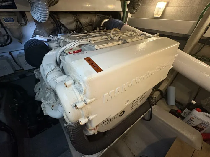 Prelude Yacht Photos Pics Engine room of 2004 Sunseeker Manhattan 56 yacht, featuring a MAN marine engine.