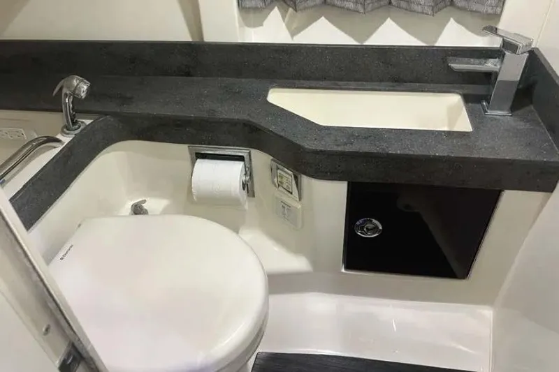  Yacht Photos Pics 2015 Formula 350 Crossover Bowrider bathroom with modern sink and toilet.