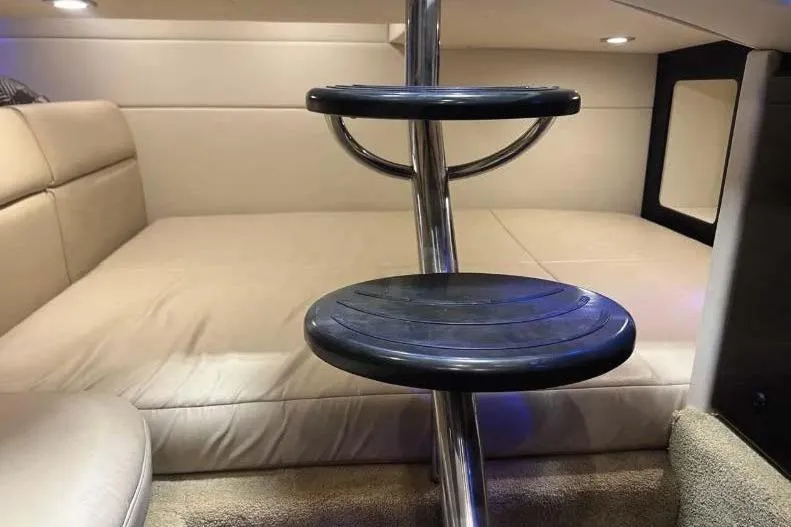  Yacht Photos Pics Interior of 2015 Formula 350 Crossover Bowrider with ladder and beige seating.