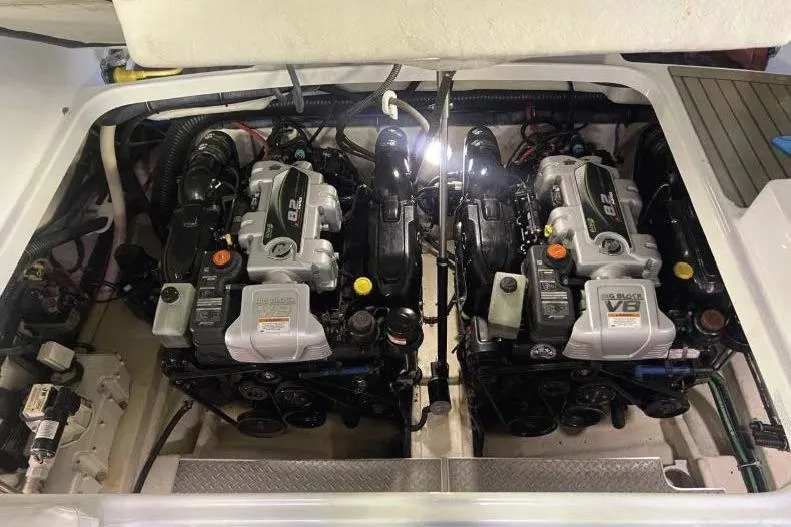  Yacht Photos Pics Twin engines in a 2015 Formula 350 Crossover Bowrider boat engine compartment.