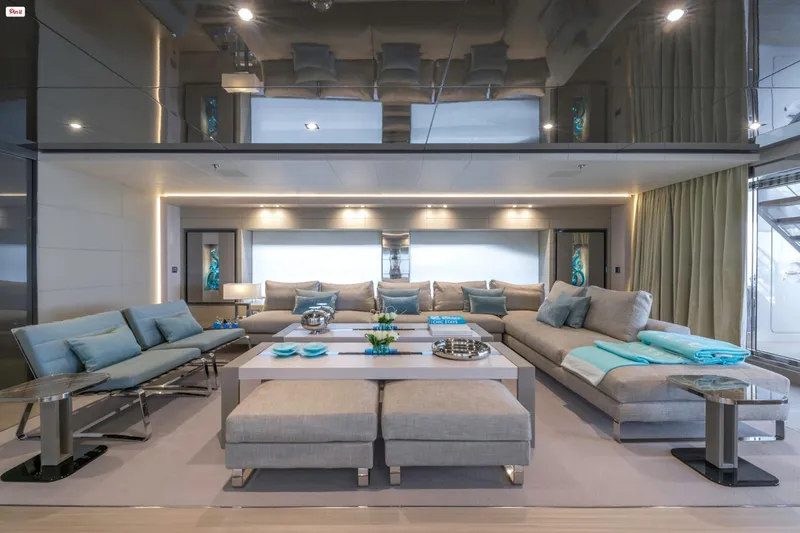 Utopia IV Yacht Photos Pics Luxurious interior of 2018 Rossinavi Custom yacht with modern seating and elegant decor.