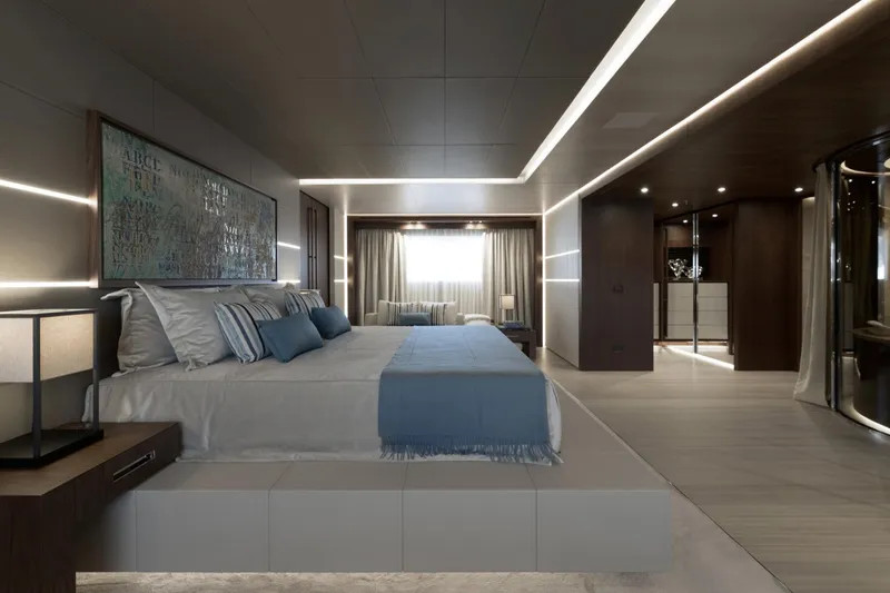 Utopia IV Yacht Photos Pics Luxurious Rossinavi Custom 2018 yacht bedroom with modern design and ambient lighting.