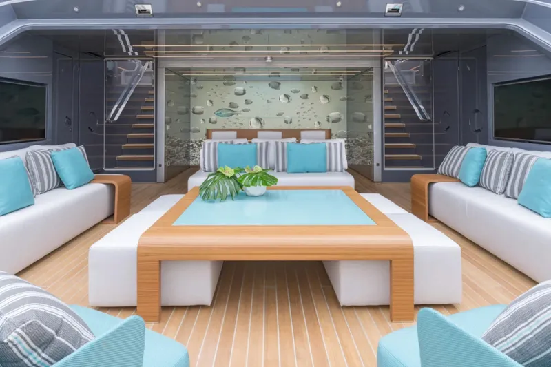 Utopia IV Yacht Photos Pics Luxurious 2018 Rossinavi Custom yacht interior with modern seating and elegant decor.