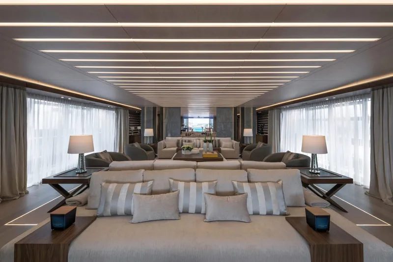 Utopia IV Yacht Photos Pics Luxurious interior of 2018 Rossinavi Custom yacht with elegant seating and ambient lighting.