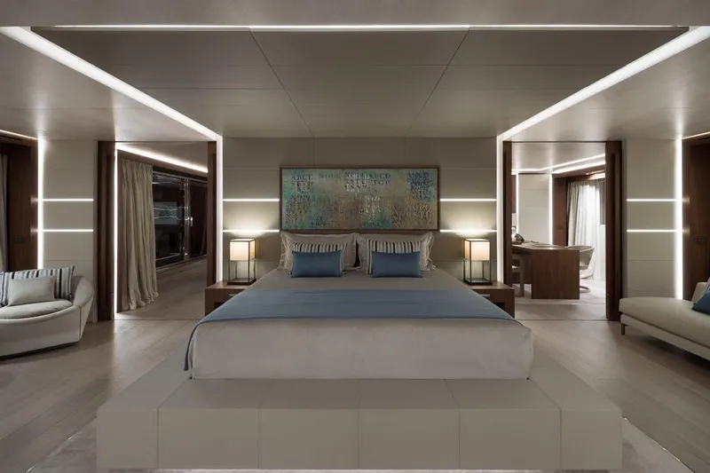 Utopia IV Yacht Photos Pics Luxurious Rossinavi Custom 2018 yacht bedroom with modern design and ambient lighting.