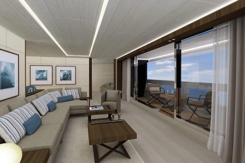 Utopia IV Yacht Photos Pics Luxurious Rossinavi Custom 2018 yacht interior with elegant seating and ocean view.