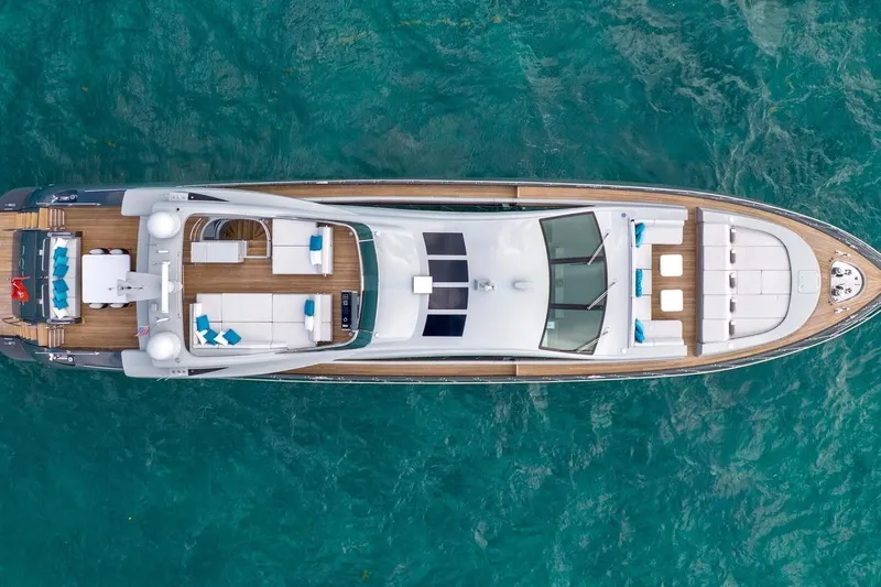 Nana I Yacht Photos Pics Aerial view of 2020 Mangusta 110 Open yacht on turquoise water.