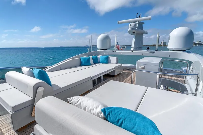 Nana I Yacht Photos Pics Luxurious 2020 Mangusta 110 Open yacht deck with plush seating and ocean view.