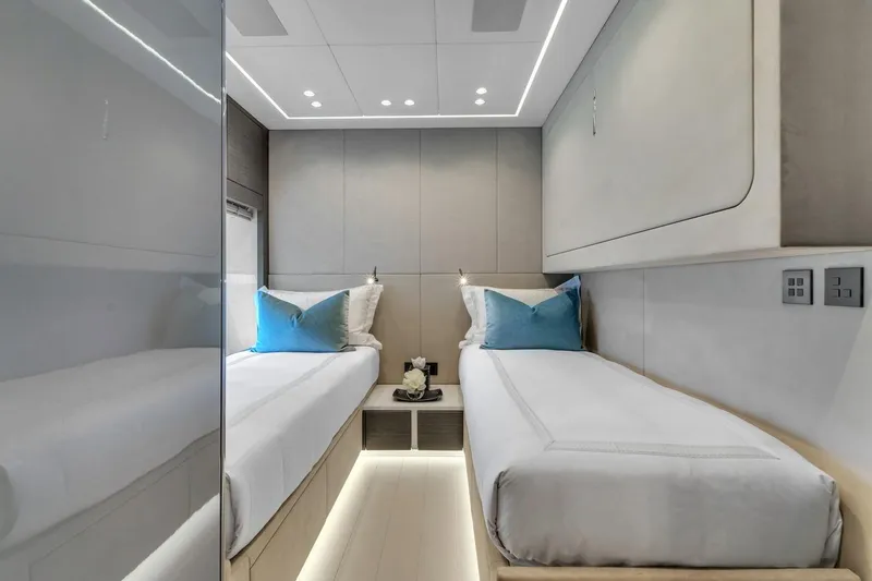 Nana I Yacht Photos Pics Luxurious twin cabin interior of 2020 Mangusta 110 Open yacht with modern design.