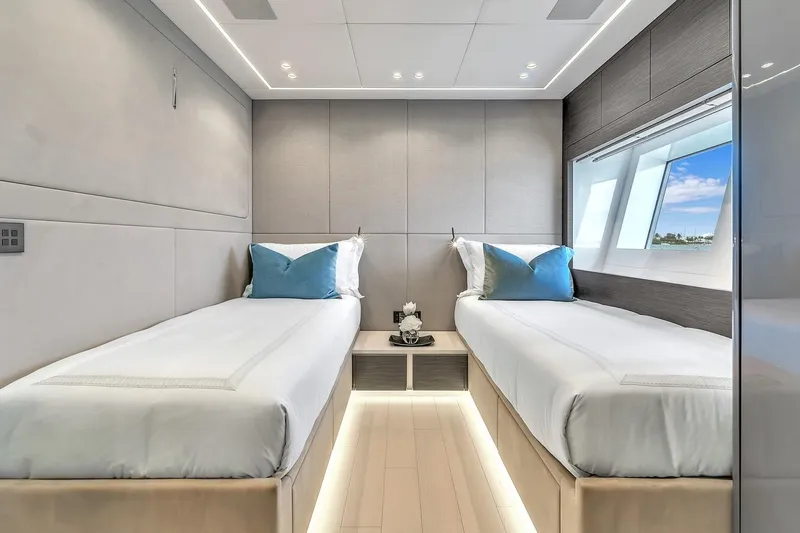 Nana I Yacht Photos Pics Luxurious twin cabin interior of 2020 Mangusta 110 Open yacht with modern design.