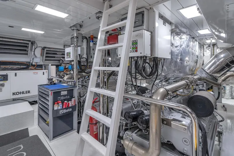 Nana I Yacht Photos Pics Engine room of 2020 Mangusta 110 Open yacht with Kohler generator and equipment.