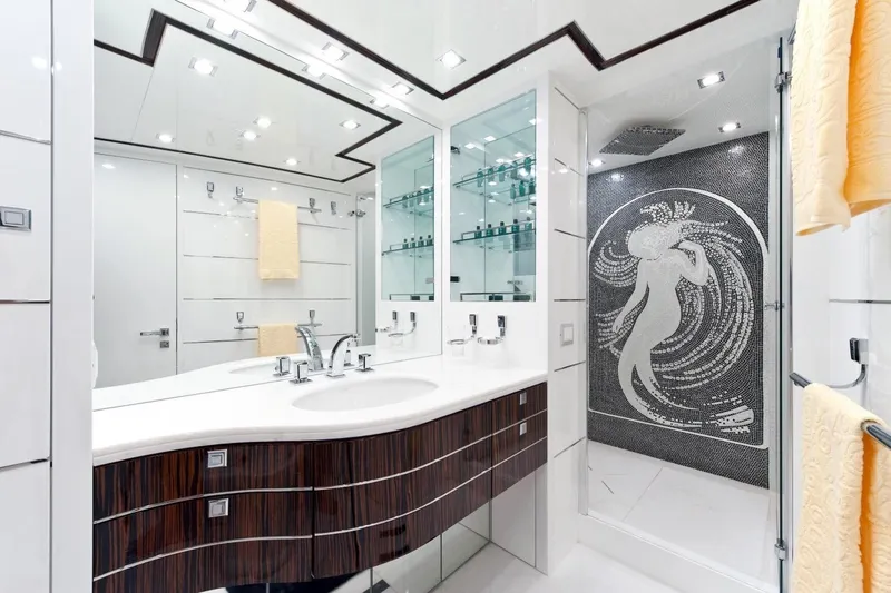  Yacht Photos Pics Luxurious Maiora 32 yacht bathroom, 2009 model, featuring elegant design and artistic shower mosaic.