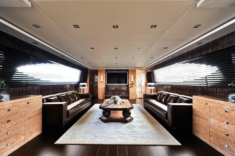  Yacht Photos Pics Luxurious interior of 2009 Maiora 32 yacht with elegant leather sofas and modern decor.