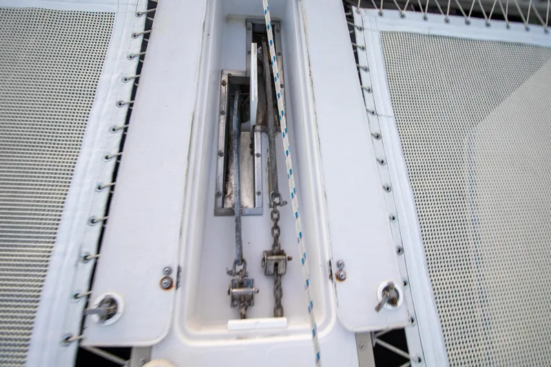 Amazing Grace Yacht Photos Pics Close-up of Antares PDQ 44 sailboat rigging and deck details, 2004 model.