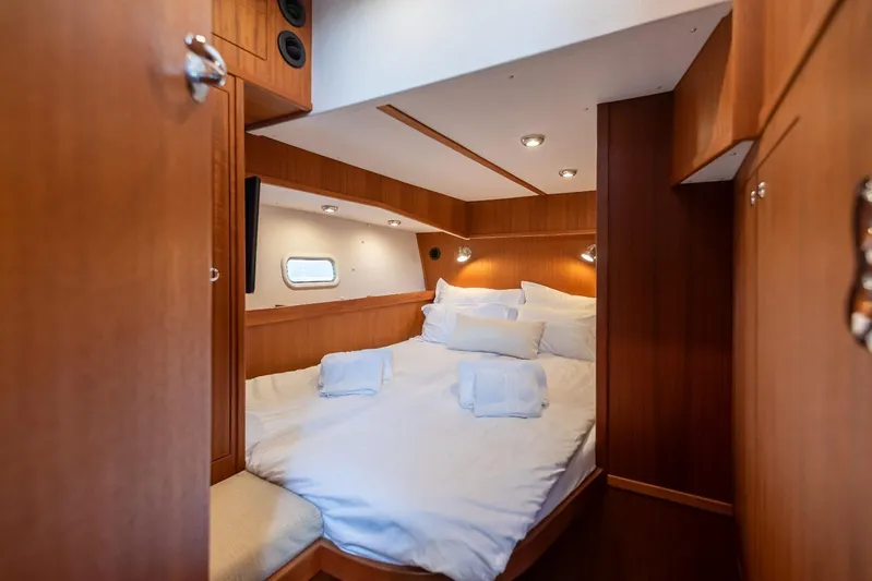 Gala Yacht Photos Pics Luxurious cabin interior of 2019 Targa 46 yacht with cozy bedding and wooden finish.