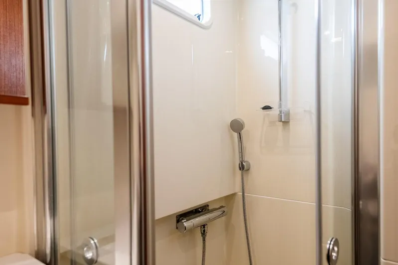 Gala Yacht Photos Pics Modern shower cabin in 2019 Targa 46 yacht, featuring sleek chrome fixtures.