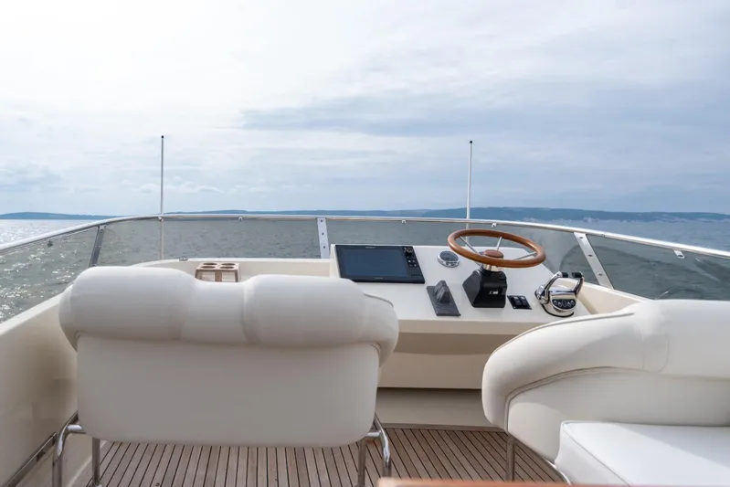 Gala Yacht Photos Pics Helm of 2019 Targa 46 yacht with wooden steering wheel and ocean view.