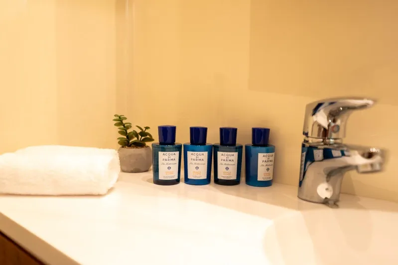 Gala Yacht Photos Pics Bathroom countertop with Acqua di Parma bottles, towel, plant, and modern faucet. Targa 46, 2019.