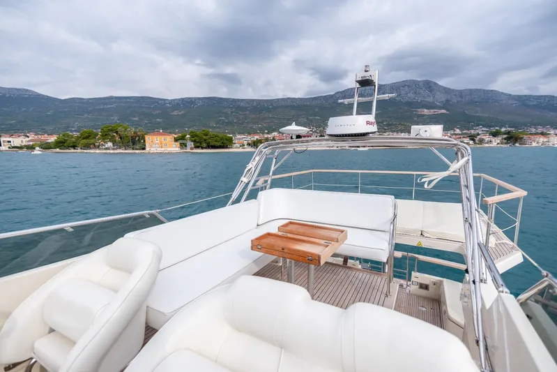 Gala Yacht Photos Pics Luxurious 2019 Targa 46 yacht with spacious deck, scenic coastal view, and comfortable seating.