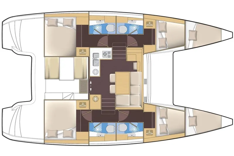 K3 Yacht Photos Pics Floor plan of a 2019 Lagoon 50 catamaran, featuring cabins and living areas.