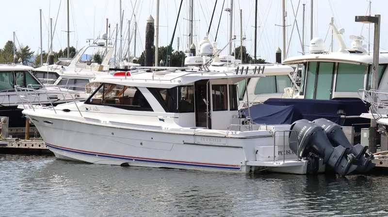 The Islander Yacht Photos Pics 2018 Cutwater C-302 Coupe docked at a marina with other boats.