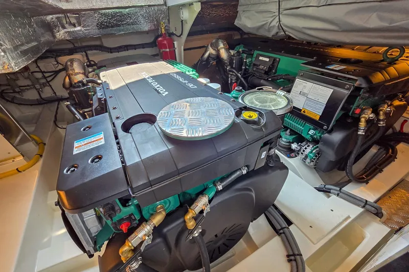  Yacht Photos Pics Engine room of 2026 Marex 440 boat featuring Volvo Penta engines.