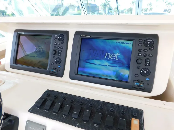  Yacht Photos Pics 2008 Grady-White Express 360 boat dashboard with dual Furuno NavNet displays.