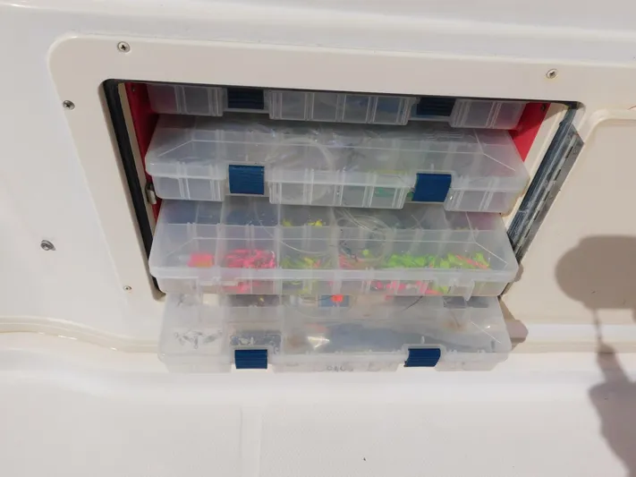  Yacht Photos Pics Tackle storage on 2008 Grady-White Express 360 boat with organized fishing gear.