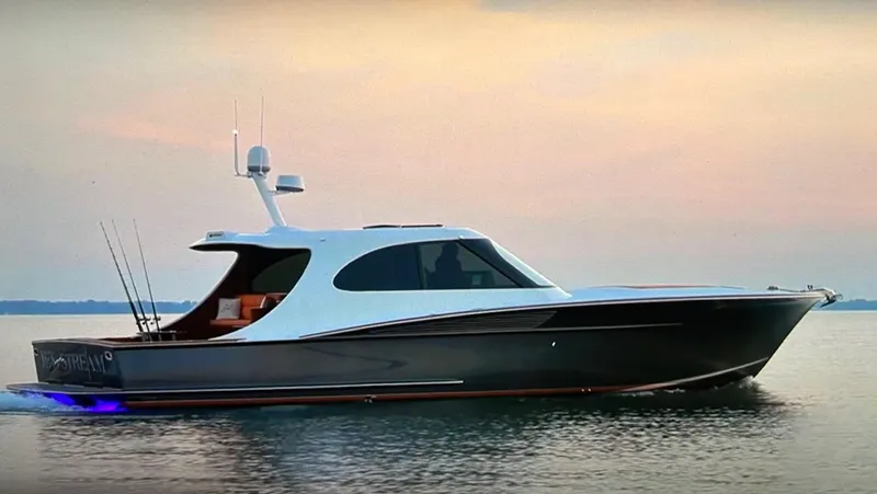 Jet Stream Yacht Photos Pics 2018 Spencer Yachts JET BOAT cruising at sunset on calm waters.