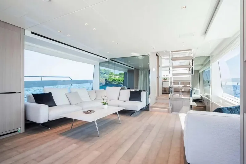 La Valletta Yacht Photos Pics Luxurious interior of 2024 Sanlorenzo SX76 yacht with modern furnishings and ocean view.