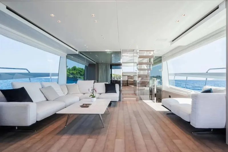 La Valletta Yacht Photos Pics Luxurious interior of 2024 Sanlorenzo SX76 yacht with modern furnishings and ocean view.
