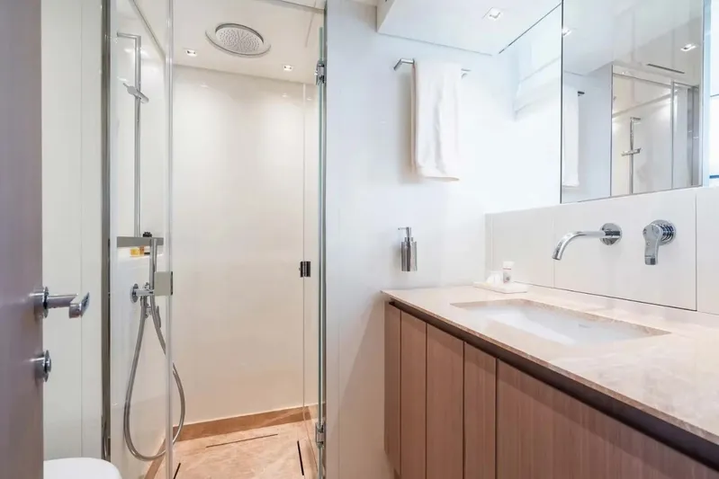La Valletta Yacht Photos Pics Luxurious bathroom in 2024 Sanlorenzo SX76 yacht with modern fixtures and elegant design.