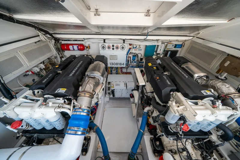 Big Hit Yacht Photos Pics Engine room of 2020 Cabo 40 Express boat with dual Volvo Penta engines.