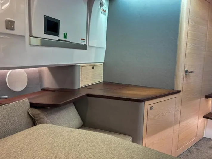  Yacht Photos Pics 2024 Axopar 45 XC Cross Cabin interior with modern wood and fabric design.