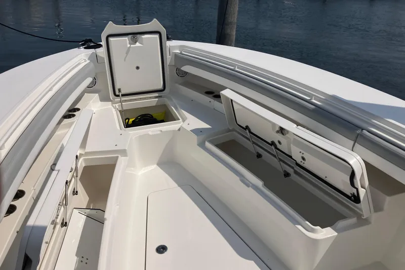  Yacht Photos Pics 2020 Regulator 31 boat interior with open storage compartments and sleek design.