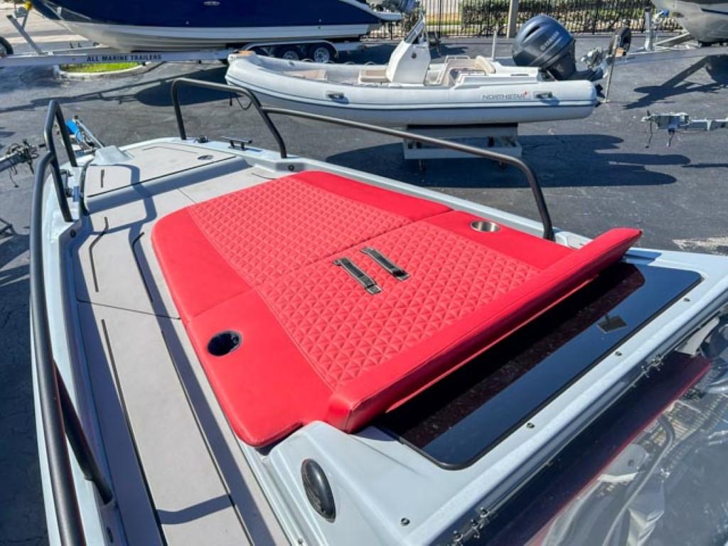 2023 BRABUS SHADOW 300 CT boat with red cushioned deck.