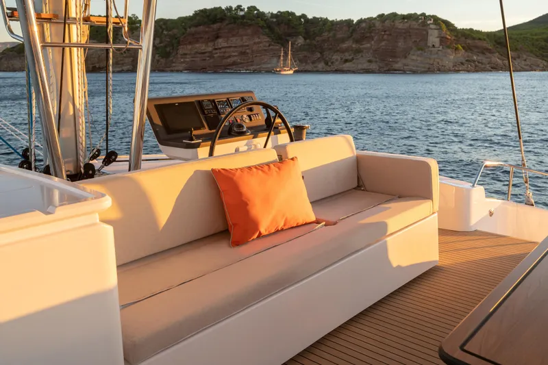  Yacht Photos Pics Luxurious Bali 5.8 yacht interior with ocean view, featuring a comfortable seating area, 2026 model.