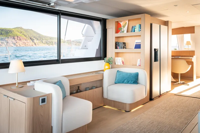  Yacht Photos Pics Luxurious interior of 2026 Bali 5.8 yacht with ocean view and modern furnishings.