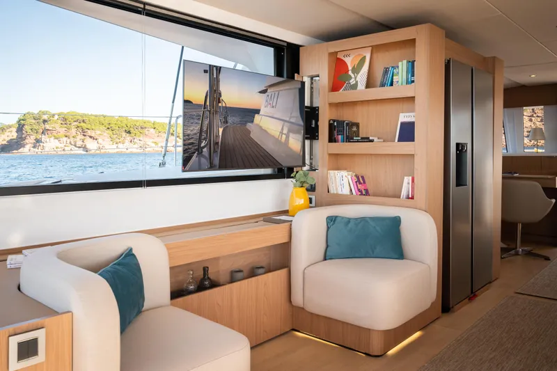  Yacht Photos Pics Luxurious interior of 2026 Bali 5.8 yacht with modern decor and ocean view.