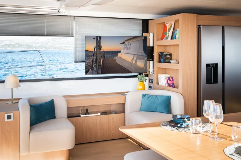  Yacht Photos Pics Luxurious interior of 2026 Bali 5.8 yacht with modern furnishings and ocean view.