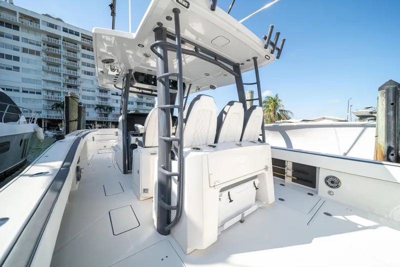  Yacht Photos Pics 2022 World Cat 400 CC-X boat interior with modern seating and sleek design.