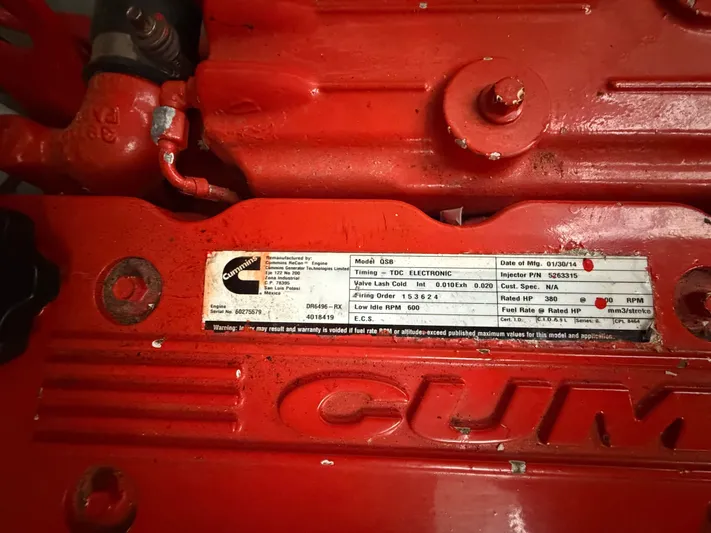 Wrangler Yacht Photos Pics Red Cummins engine with label, manufactured in 2014.