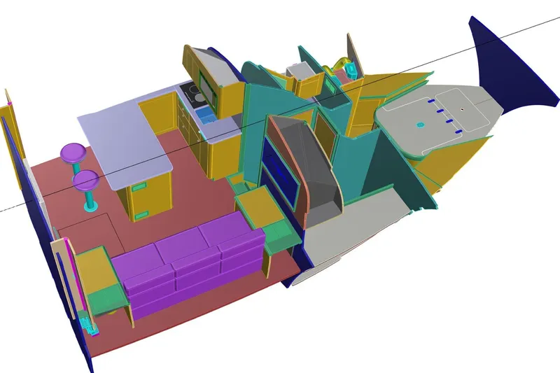  Yacht Photos Pics 3D model of 2026 Weaver Sportfish boat interior layout, featuring kitchen and seating areas.