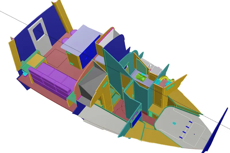  Yacht Photos Pics 3D interior layout of 2026 Weaver Sportfish boat, showcasing rooms and design elements.
