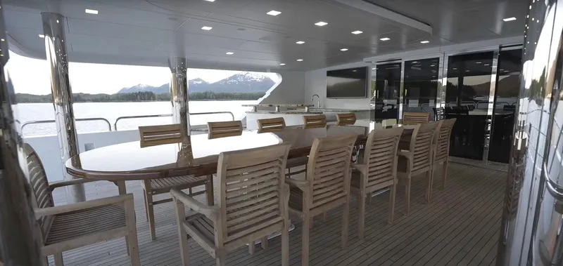 Jackpot Yacht Photos Pics Christensen Model Year 2020 yacht with spacious outdoor dining area and scenic views.