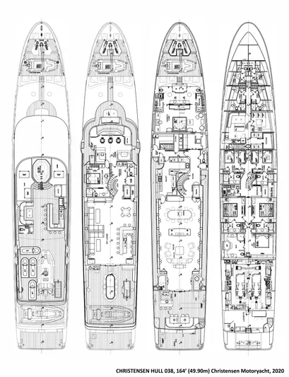 Jackpot Yacht Photos Pics Blueprints of Christensen Model Year 2020 motor yacht, showcasing detailed deck layouts.