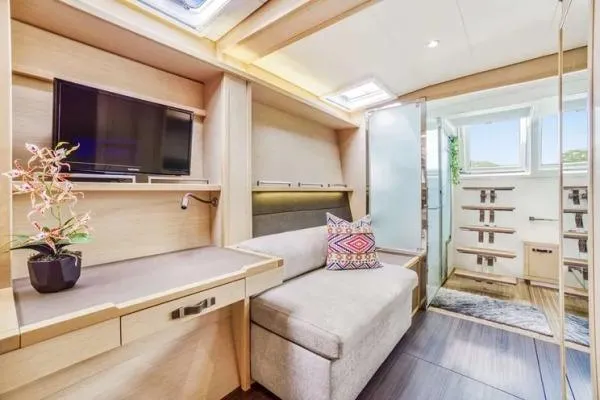 Lena Yacht Photos Pics Luxurious interior of 2017 Lagoon 63 Power yacht with modern decor and natural light.