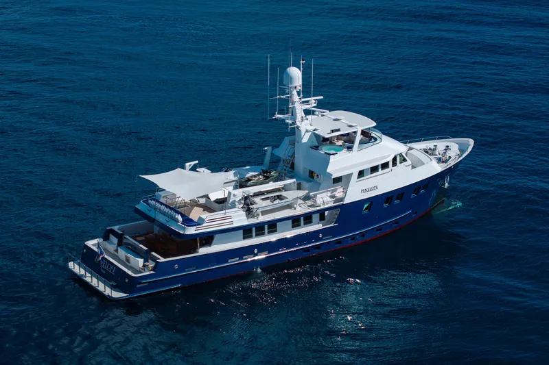 Penelope Yacht Photos Pics Aerial view of 1990 Delta Expedition yacht on open sea.