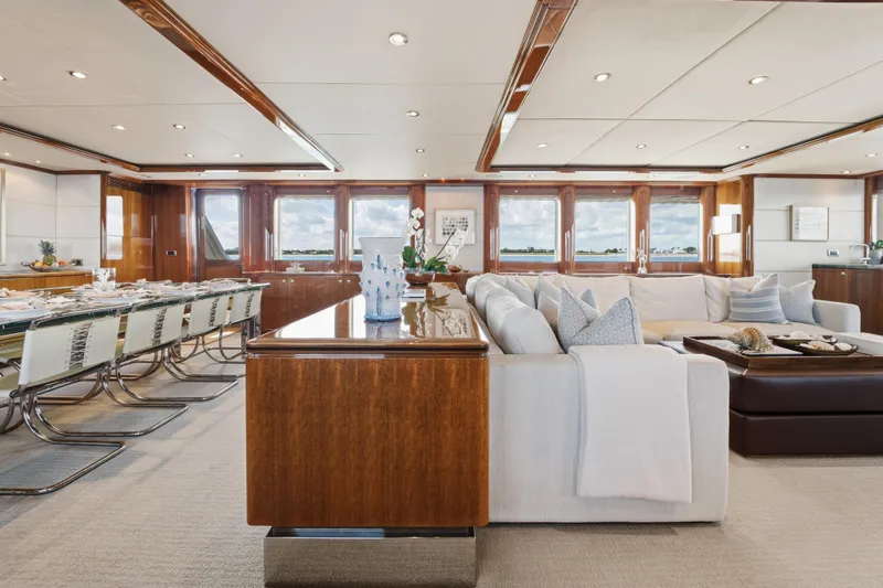 Penelope Yacht Photos Pics Luxurious interior of 1990 Delta Expedition yacht with elegant dining and seating areas.